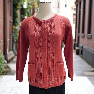 National Womens Petite Medium Coral Knit Cardigan Sweater‎ Button Front Pockets